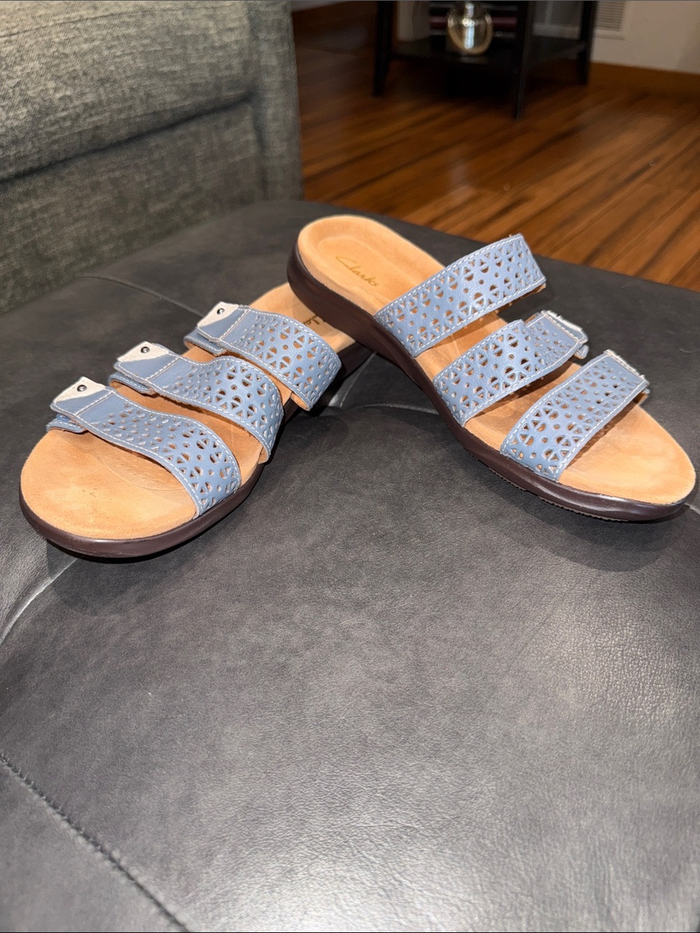 Clarks Women's Kitly Walk Light Blue Triple-Strap Laser-Cut Slide Sandals - Picture 4 of 13